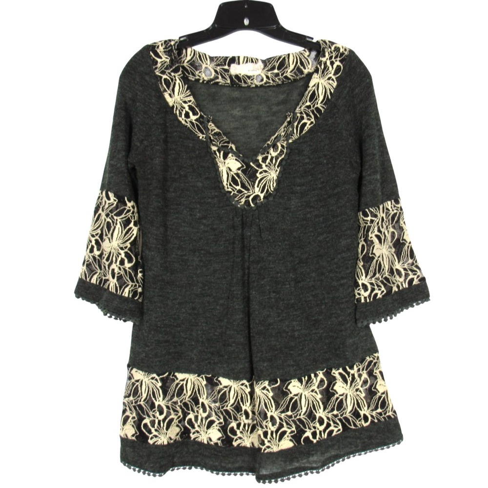 A'REVE ANTHROPOLOGIE Thin SLUB KNIT Gray SHEER FLORAL TRIM Tunic Top/Blouse Sz S